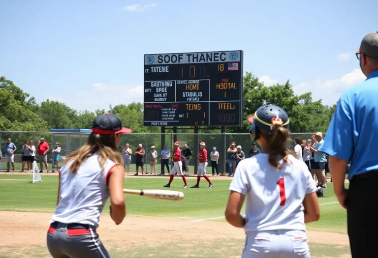 Crowd and players at the Oklahoma high school fastpitch softball tournament at Devon Park