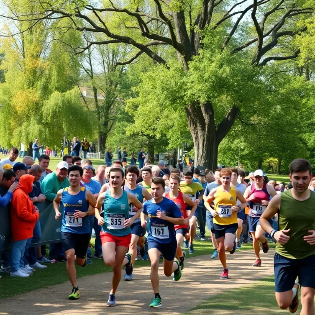 Runners competing in the OVAC Cross Country Championship with cheering spectators.
