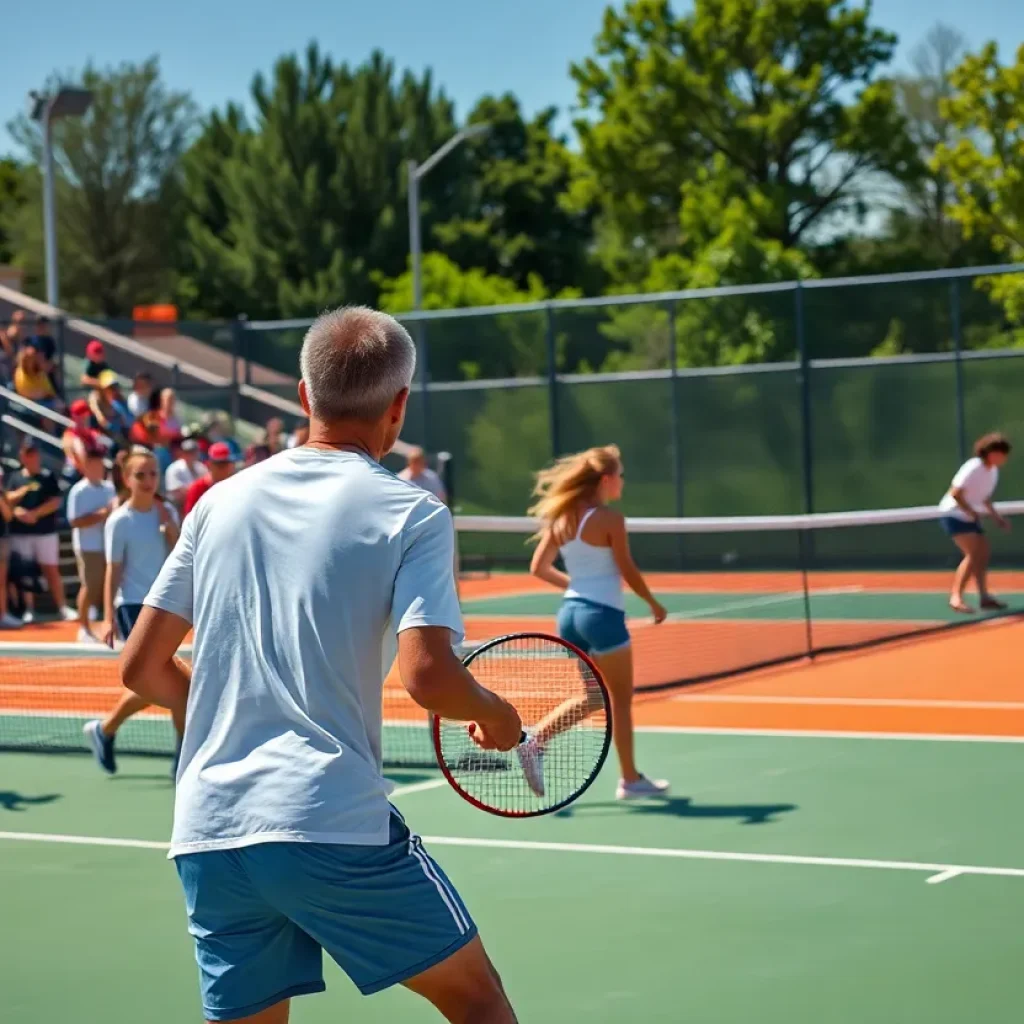 High school tennis players in action during a match
