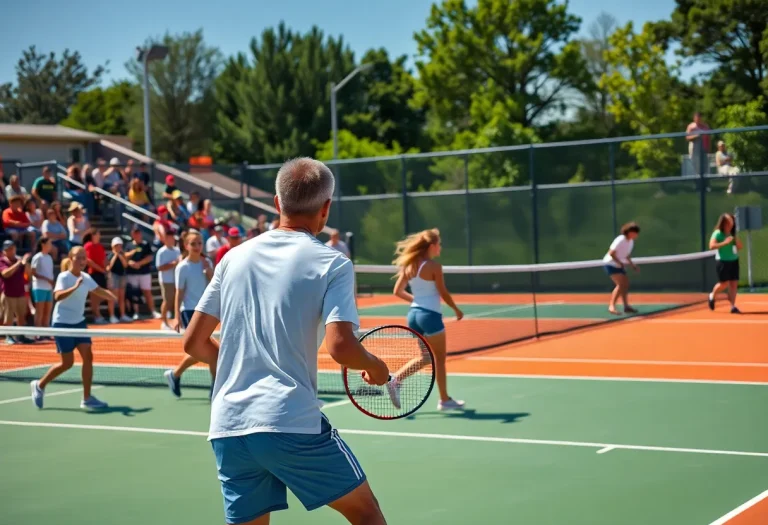 High school tennis players in action during a match