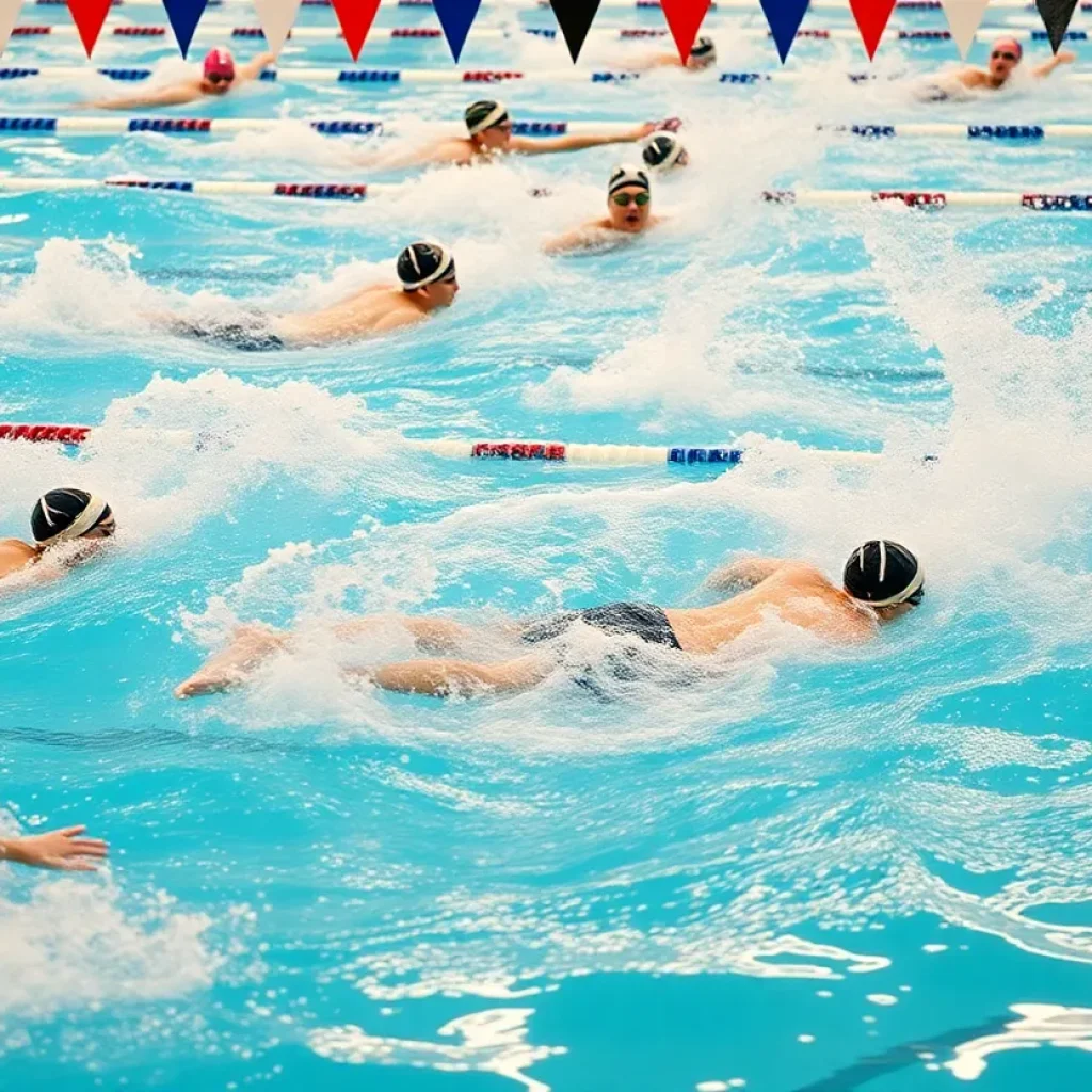 Swimmers diving into the pool at the PCB High School Invitational