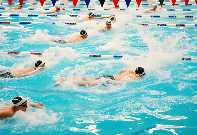Swimmers diving into the pool at the PCB High School Invitational