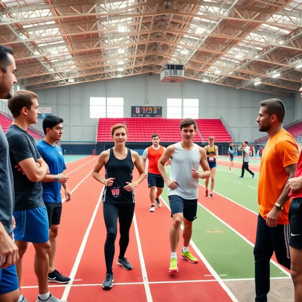 Penn State track athletes training indoors at the Multi-Sport Indoor Facility.