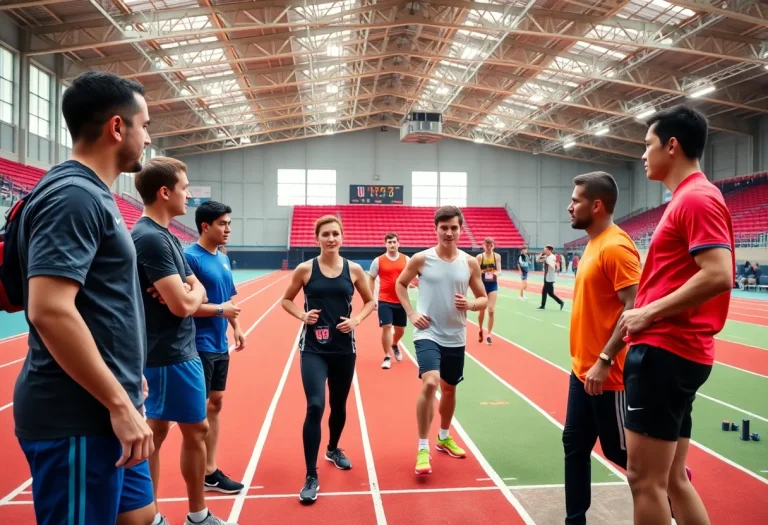 Penn State track athletes training indoors at the Multi-Sport Indoor Facility.
