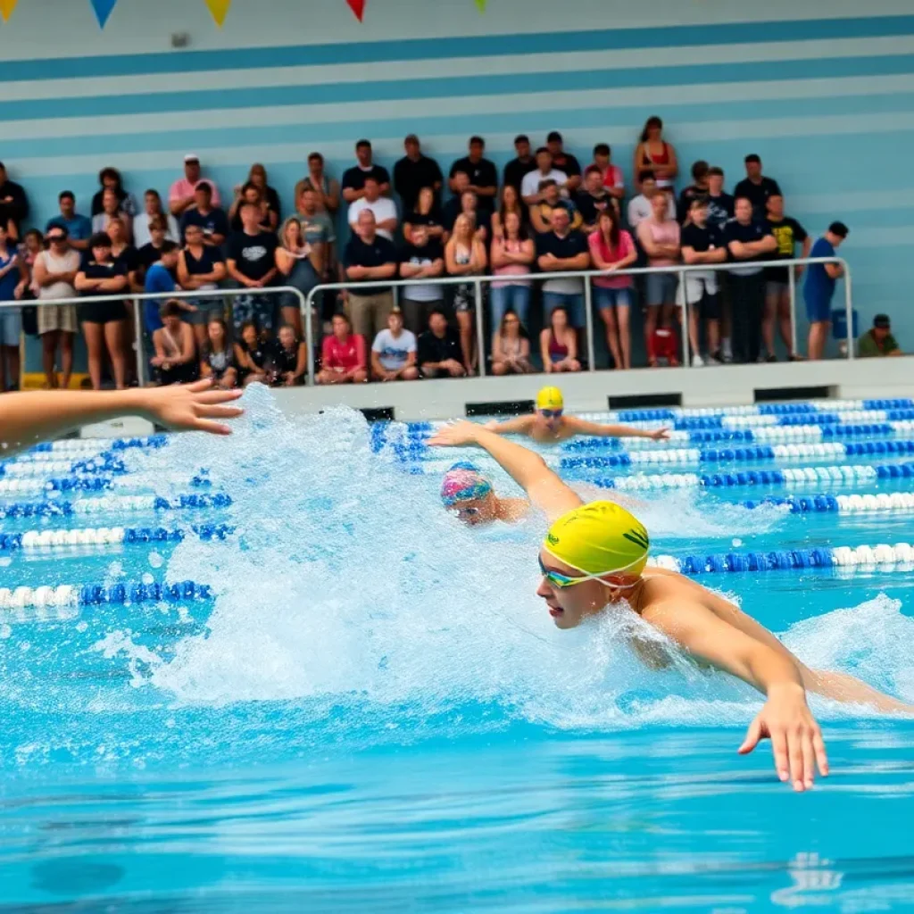 Perry High School swim team celebrating their victory in a swim meet.