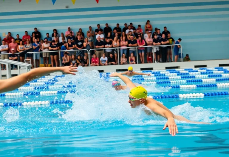 Perry High School swim team celebrating their victory in a swim meet.