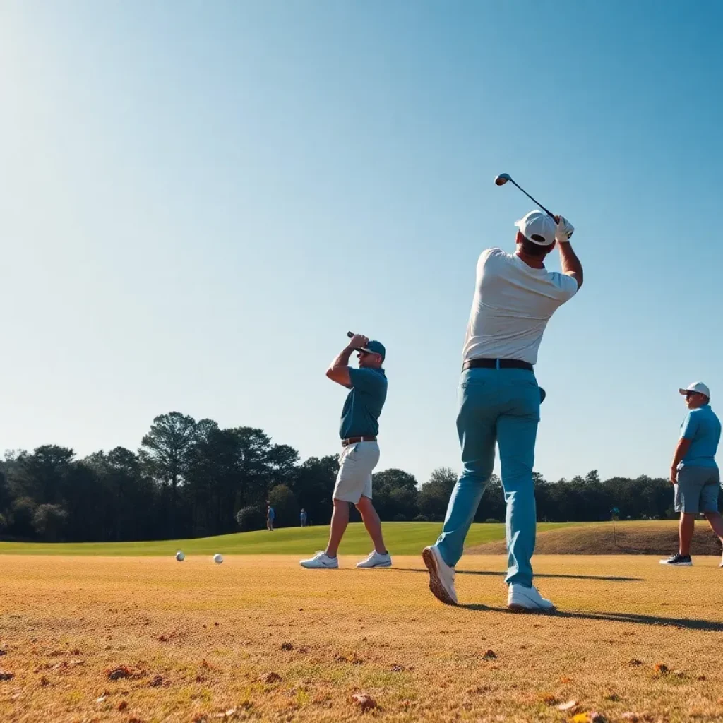 Golfers practicing on a sunny golf course