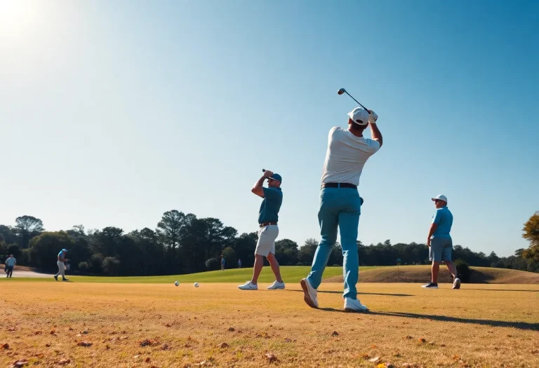Golfers practicing on a sunny golf course