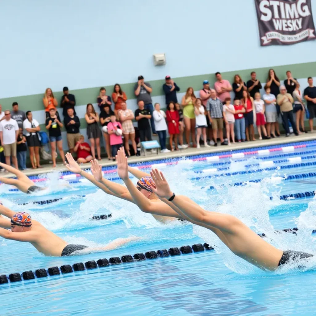 Swimmers diving into the pool during the Pinedale swimming invite