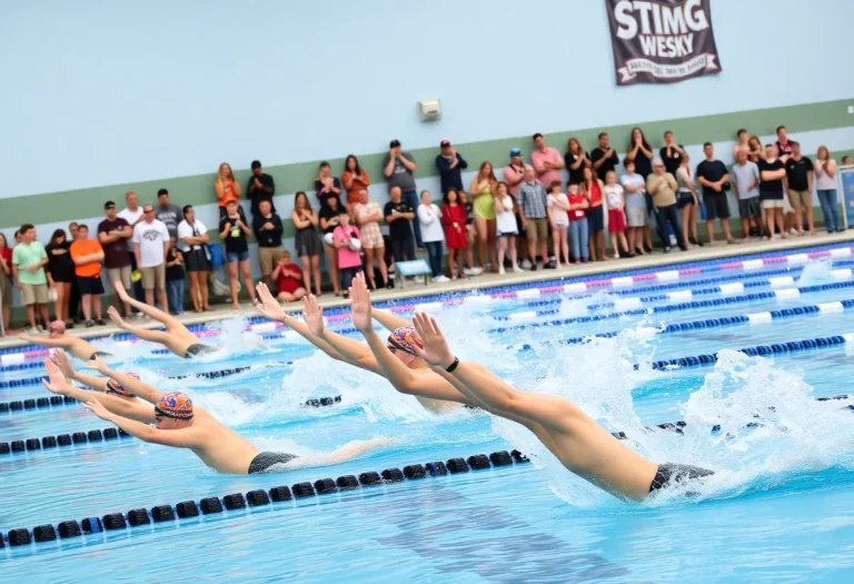 Swimmers diving into the pool during the Pinedale swimming invite