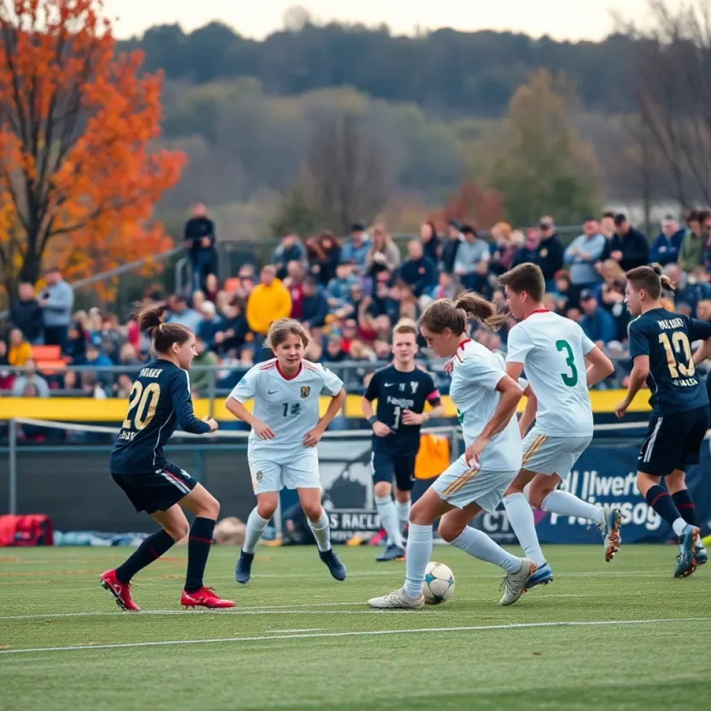 Action-packed high school soccer game in Pittsburgh during autumn.