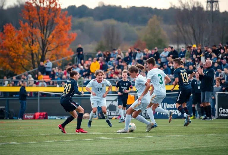 Action-packed high school soccer game in Pittsburgh during autumn.
