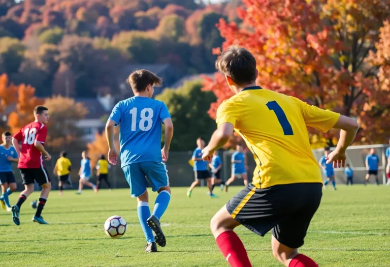High school soccer players competing on a fall day in Pittsburgh