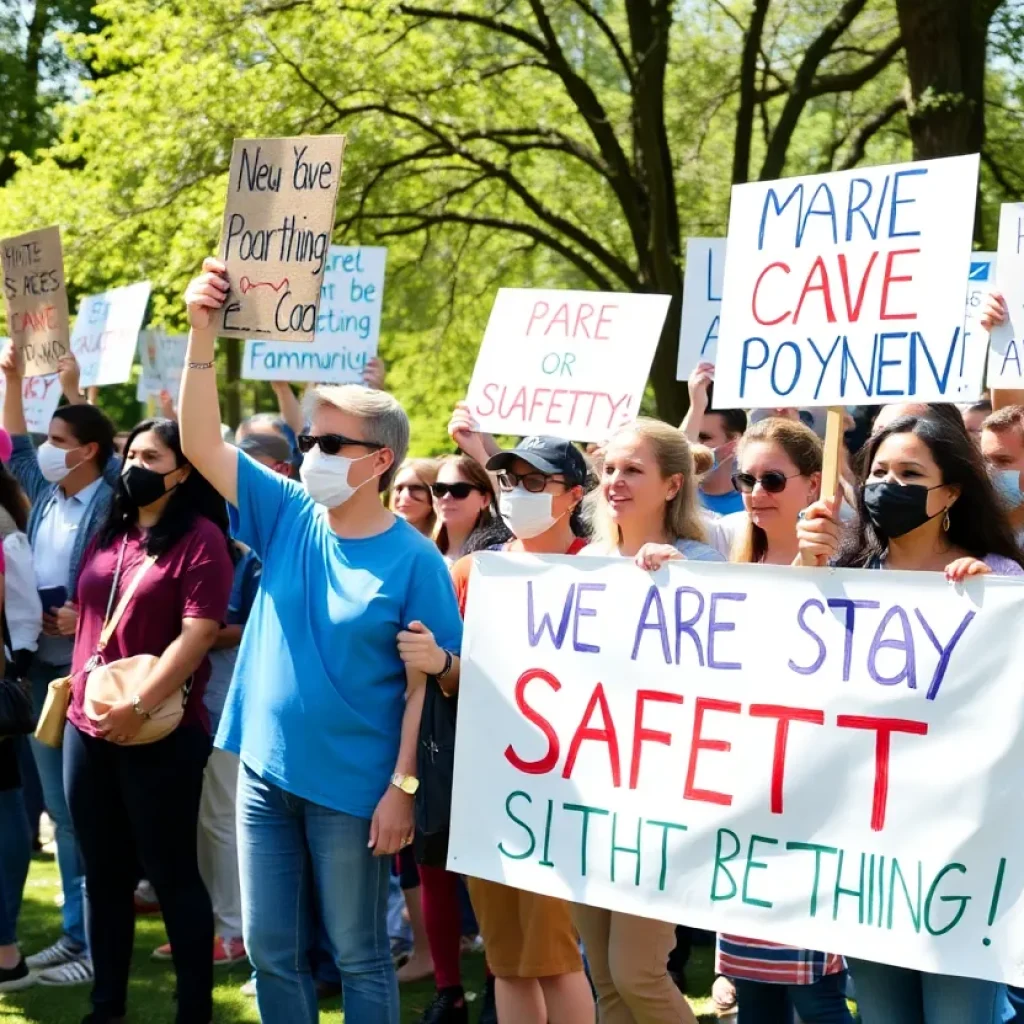 Community members holding signs in support of road safety