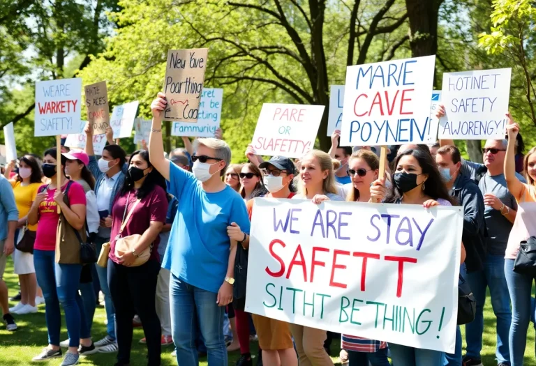 Community members holding signs in support of road safety