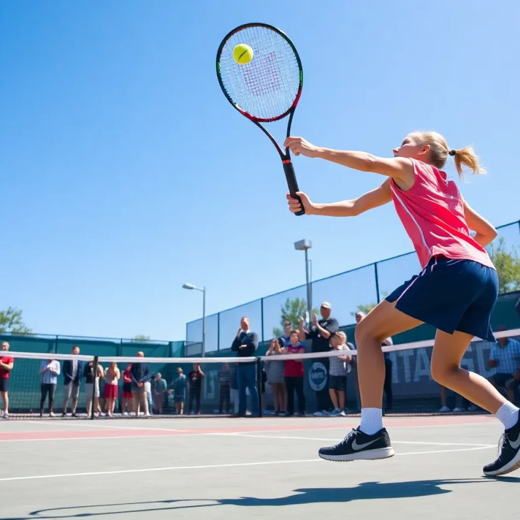 High school tennis players competing in a match