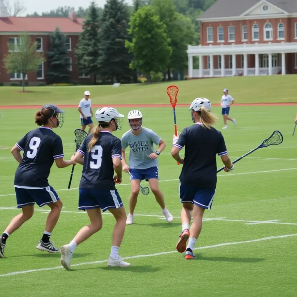 Randolph-Macon College lacrosse players practicing on the field
