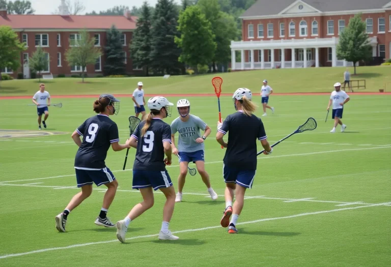 Randolph-Macon College lacrosse players practicing on the field