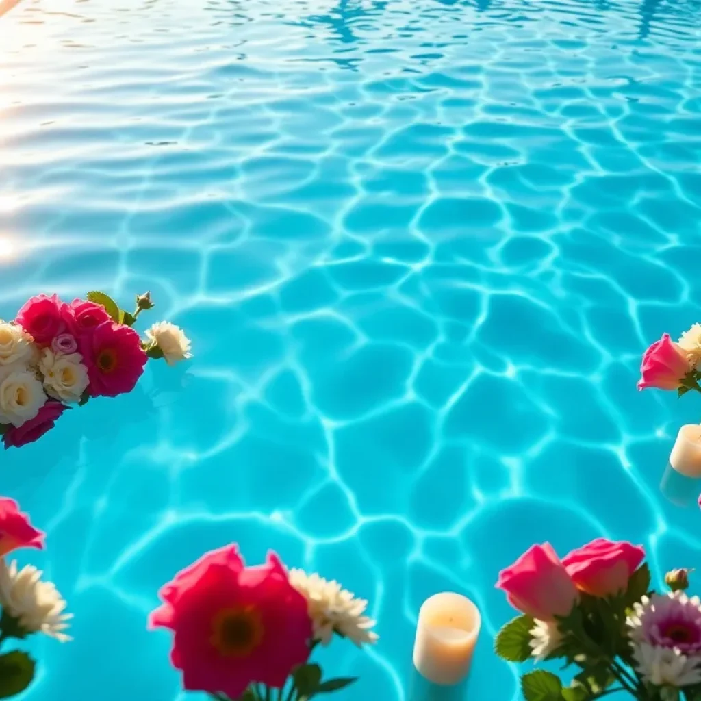 A swimming pool surrounded by flowers and candles for remembrance