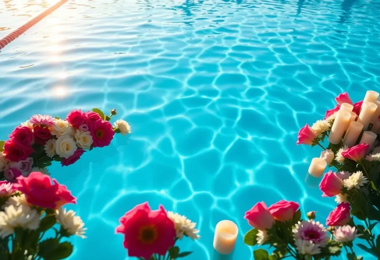 A swimming pool surrounded by flowers and candles for remembrance