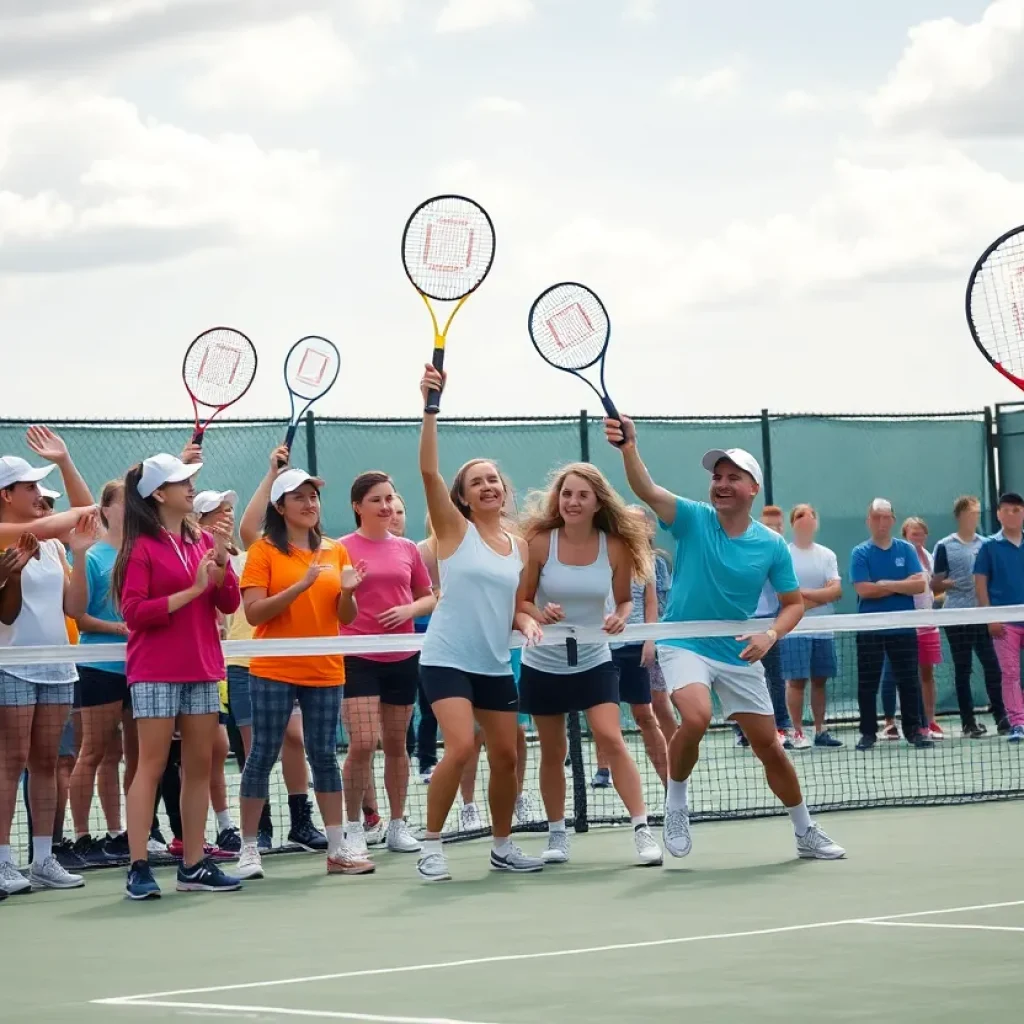 Rice Lake tennis players celebrating on the court