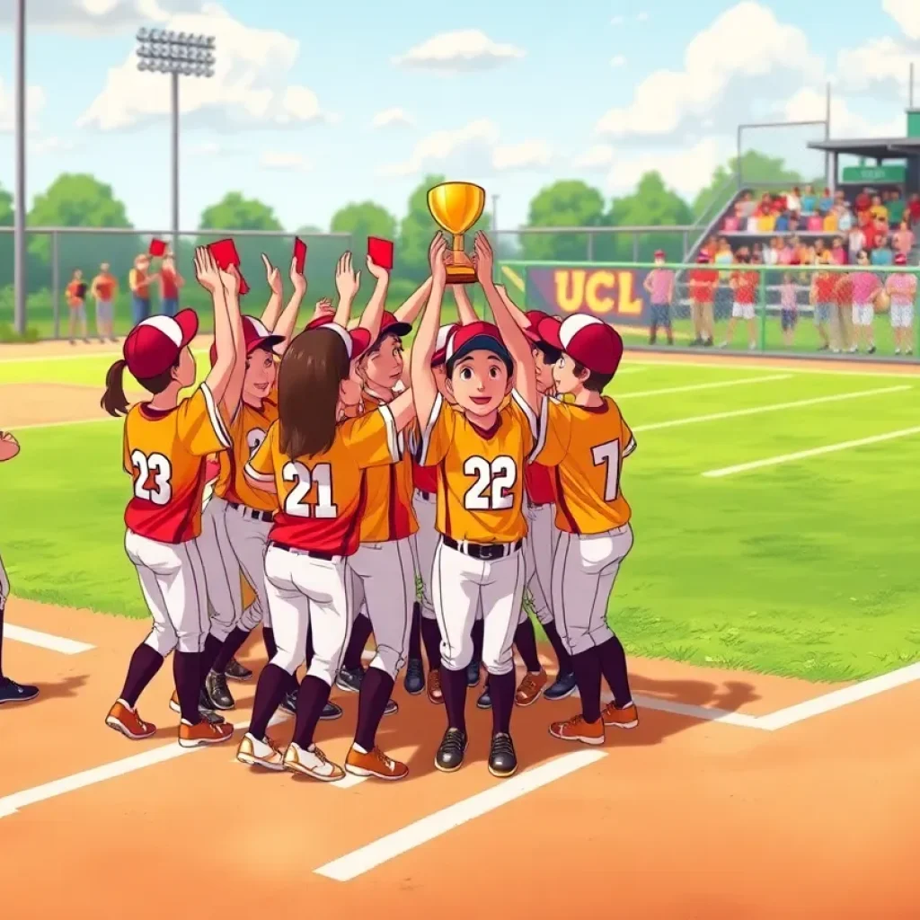 Team celebrating a softball victory with a trophy