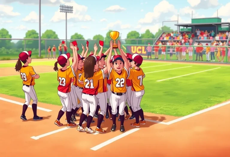 Team celebrating a softball victory with a trophy