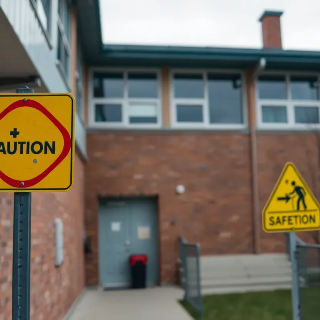School building with caution signs reflecting safety issues.