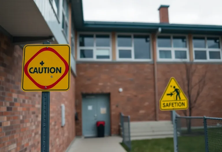 School building with caution signs reflecting safety issues.