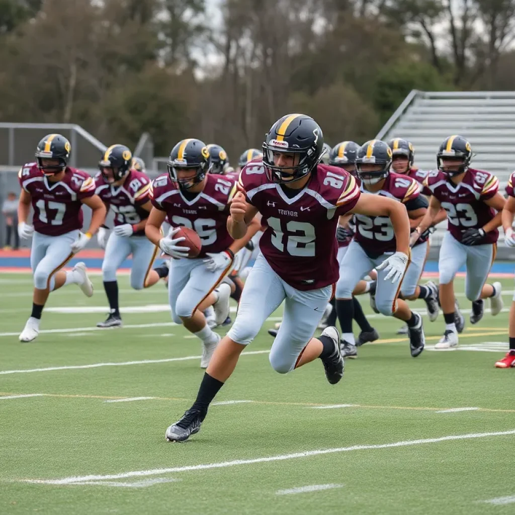 Servite Friars Football team displaying teamwork and speed during a game.
