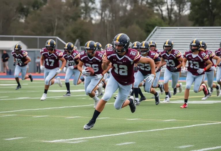 Servite Friars Football team displaying teamwork and speed during a game.