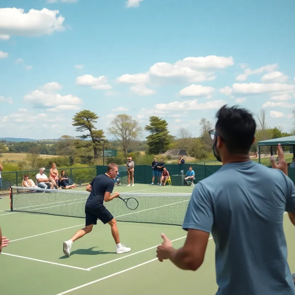 Tennis teams from Siloam Springs competing in a match at a park.