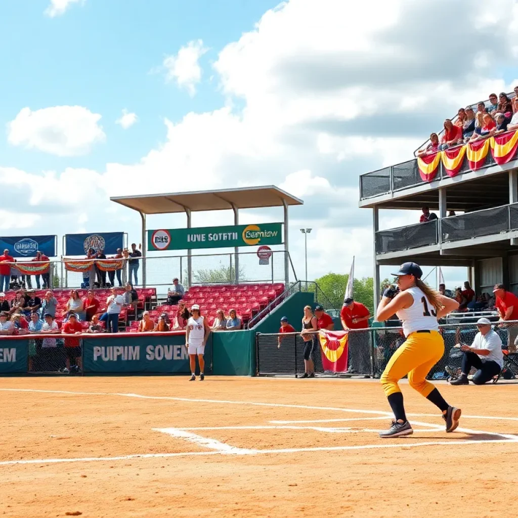 Action shot of a women's fastpitch softball game with fans in the background
