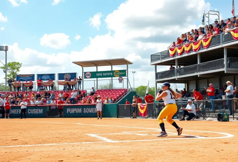Action shot of a women's fastpitch softball game with fans in the background
