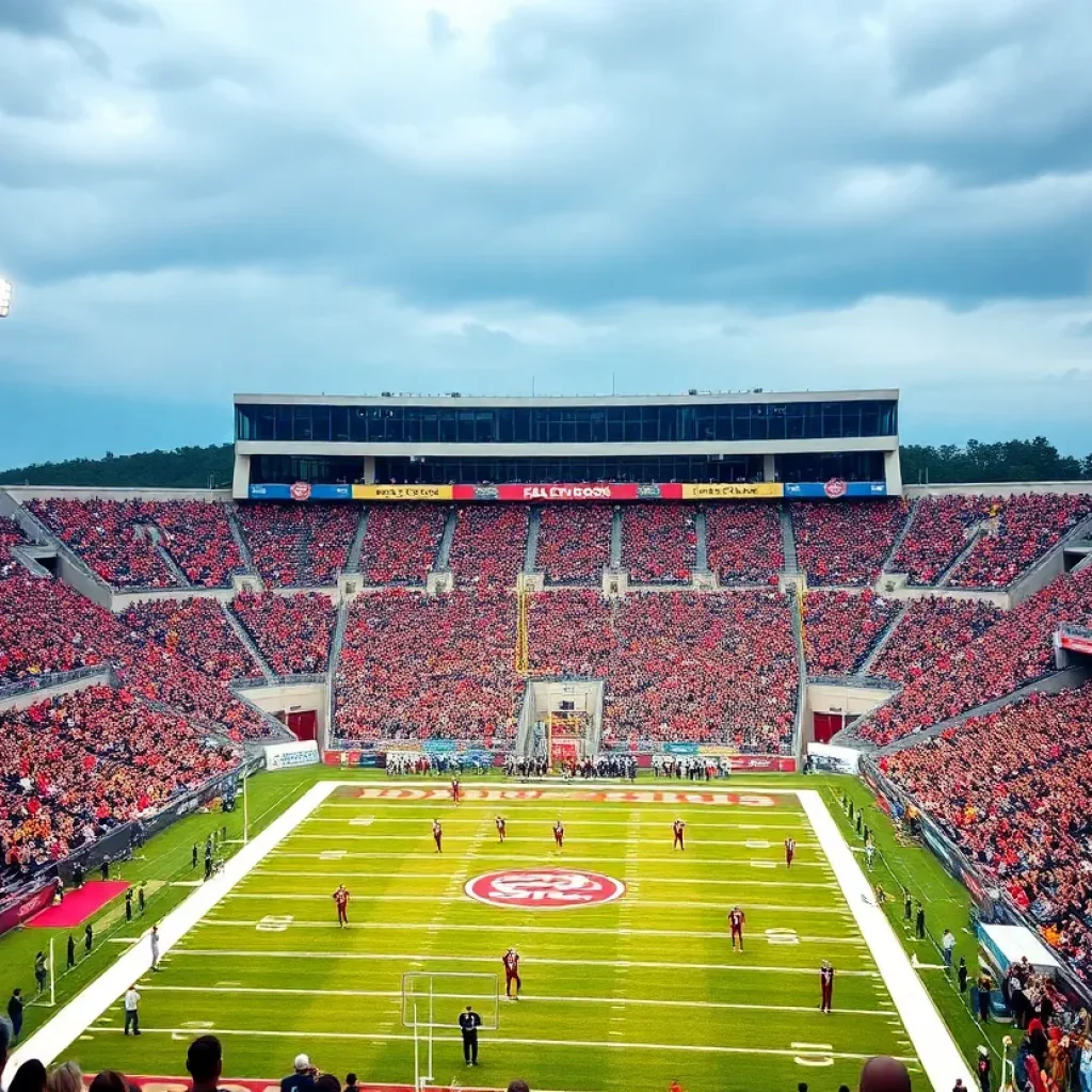 Packed high school football stadium with cheering fans