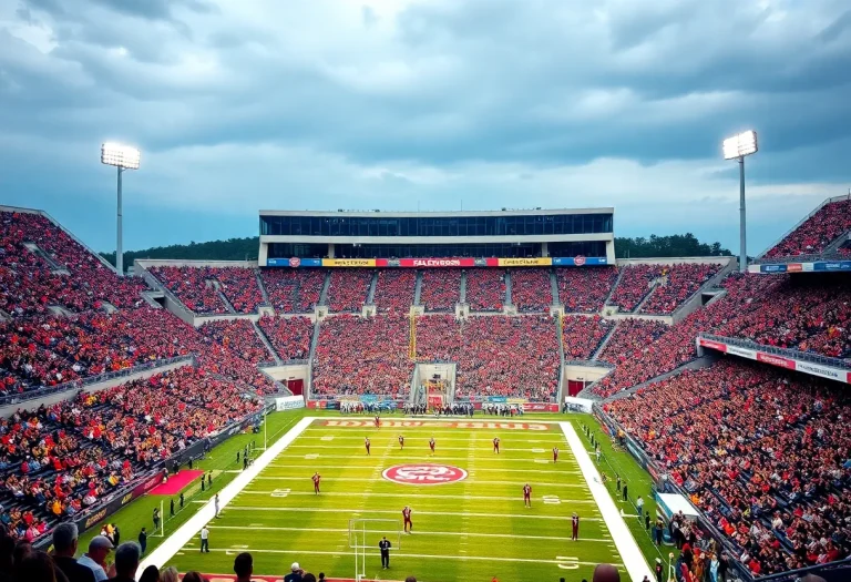 Packed high school football stadium with cheering fans