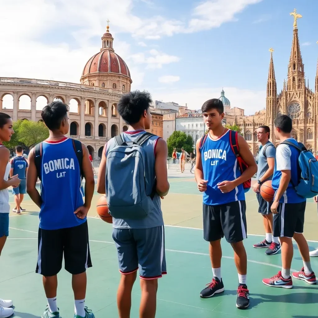 Basketball team preparing for an international tour with famous landmarks
