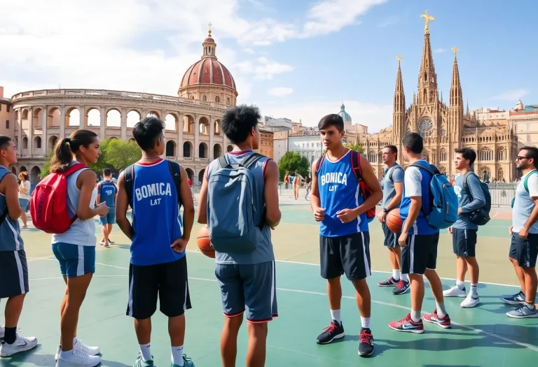 Basketball team preparing for an international tour with famous landmarks