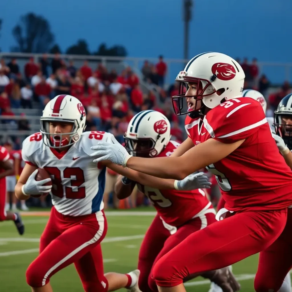 High school football players in action during a game.