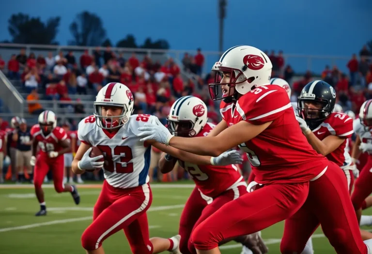 High school football players in action during a game.