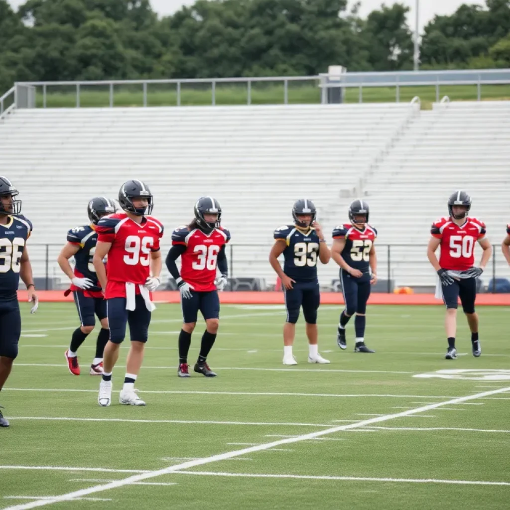 High school football players practicing on an empty field.