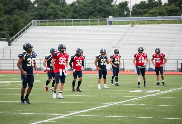 High school football players practicing on an empty field.