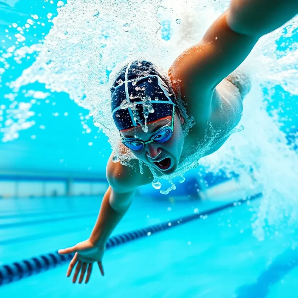 A competitive swimmer diving into a pool with water splashing around.