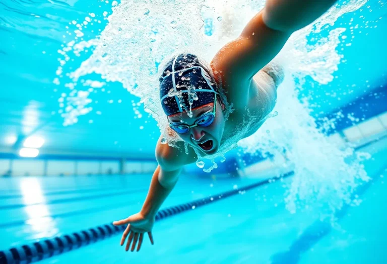 A competitive swimmer diving into a pool with water splashing around.