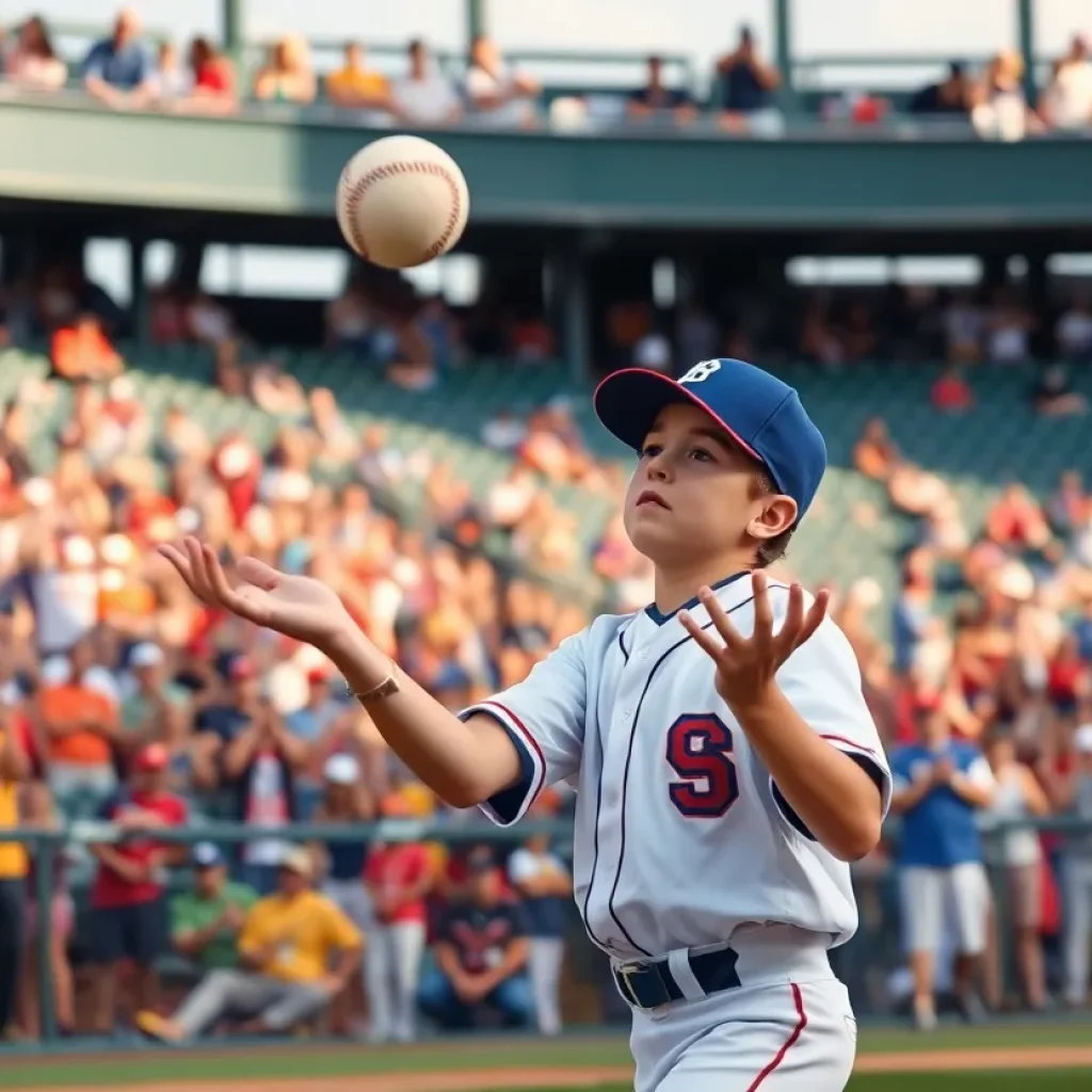 Young baseball player catching a ball in an energetic stadium