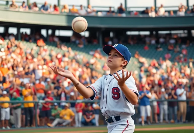 Young baseball player catching a ball in an energetic stadium