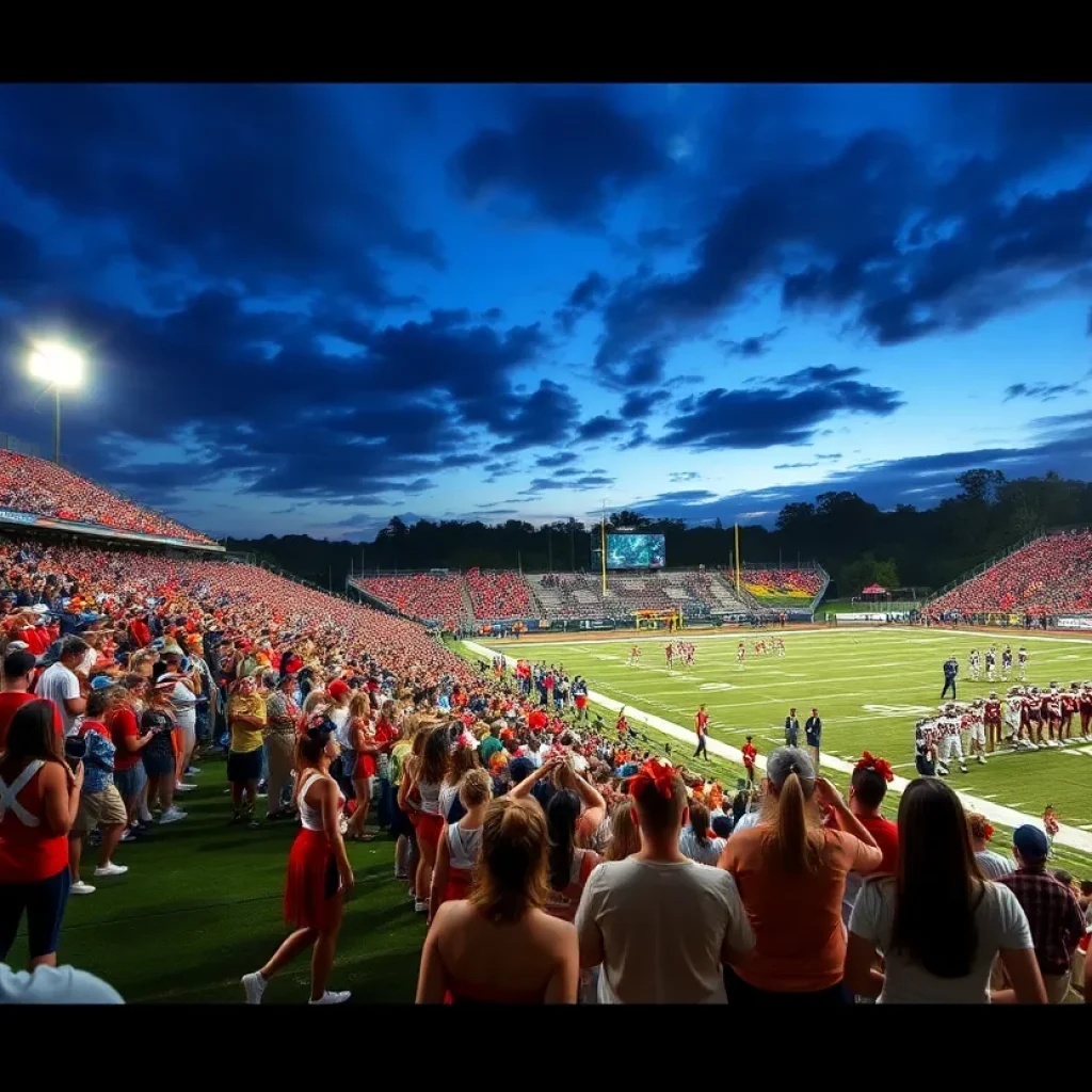 High school football players competing under stadium lights in Tennessee
