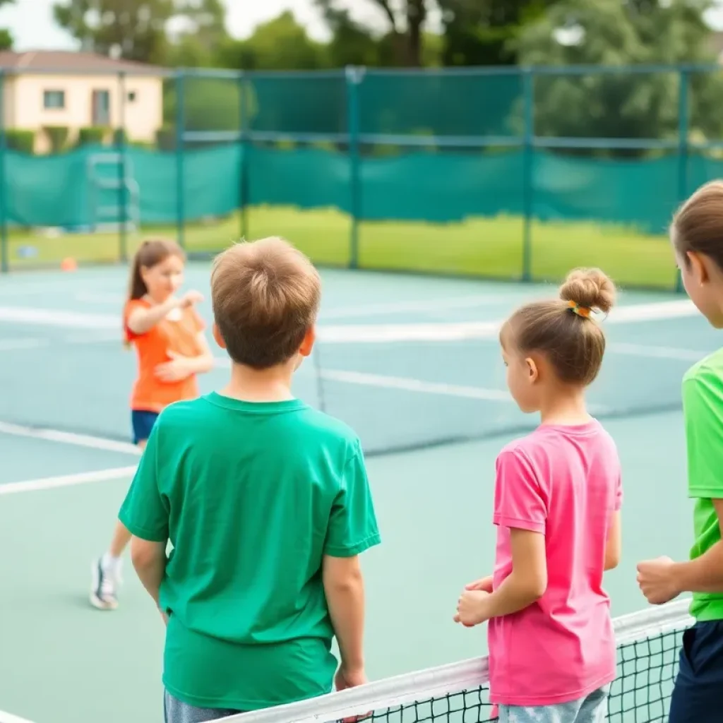 Young athletes practicing tennis on a court with a coach guiding them.