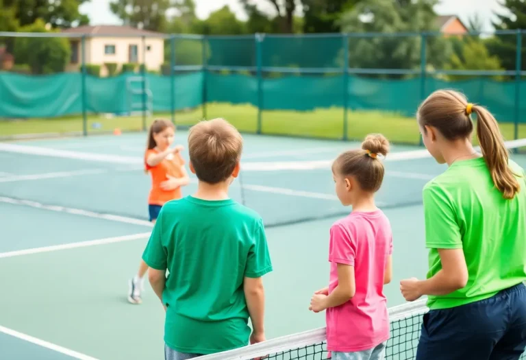 Young athletes practicing tennis on a court with a coach guiding them.