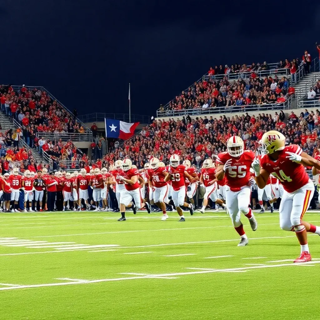 High school football players in action on a field in Texas